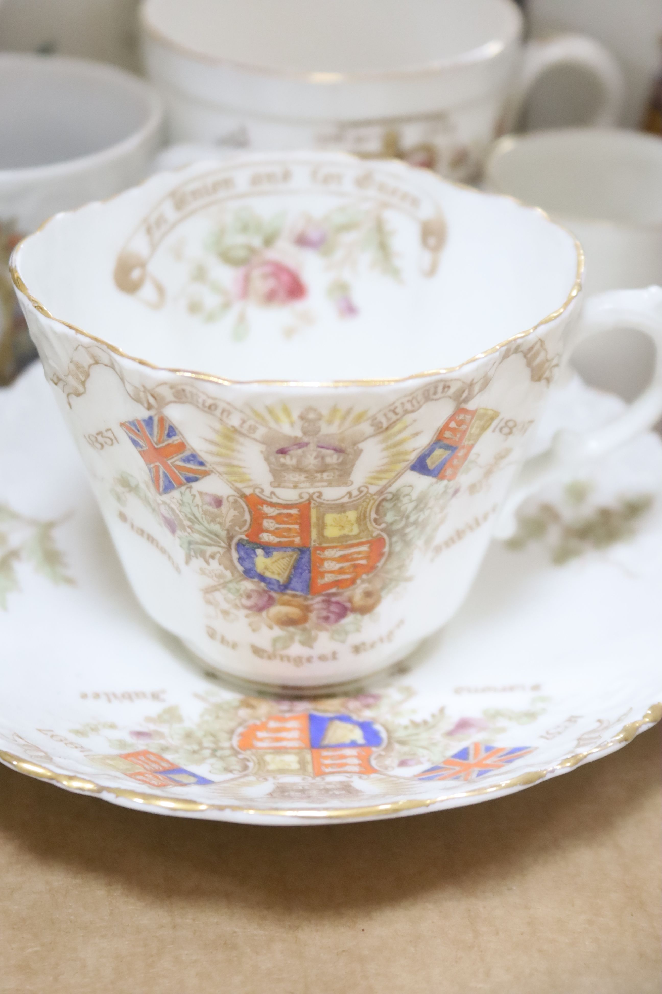 A collection of commemorative ceramics, including a pearlware Orangemen mug dedicated to William III, 11.5cm high